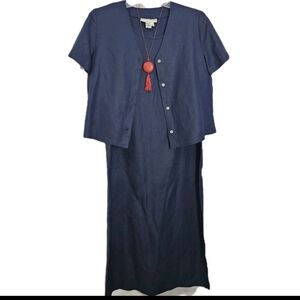 Maggy London Linen Rayon Blue 2 pc Jacket Career Work Maxi Versatile Dress  14